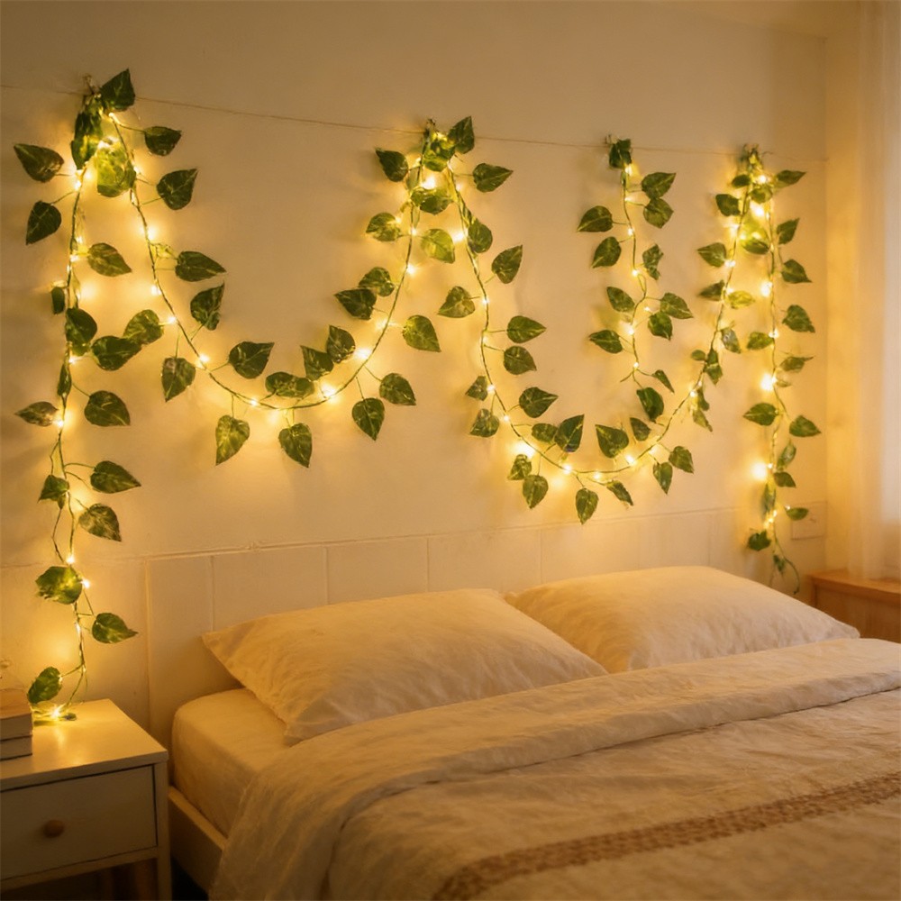 Outdoor Power For Wedding - LED Yeşil Rattan Yaprak Peri Işık